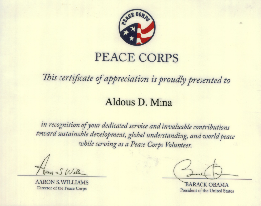 Peace Corps Certificate of Service